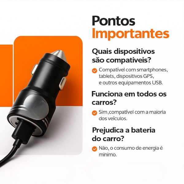Carregador Veicular USB Duplo 2 Portas Rápido 12V