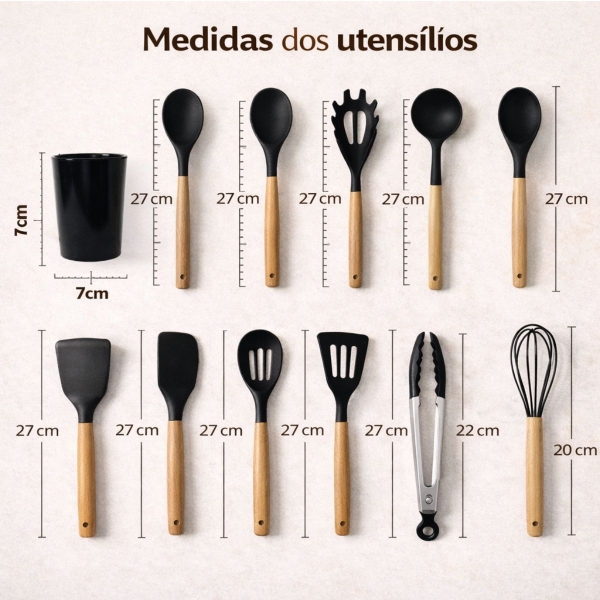 Kit Utensilios Cozinha Silicone 12 Pecas Cabo Madeira Completo