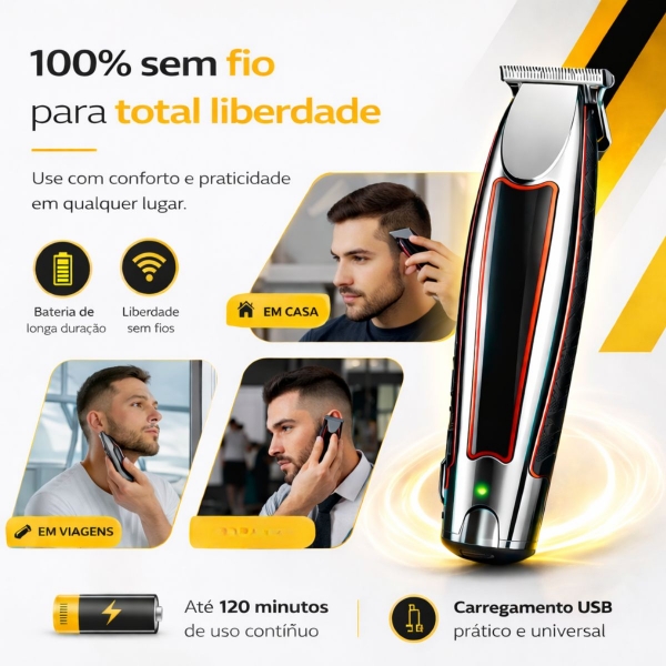 Máquina Cortar Cabelo Sem Fio Acabamento Profissional USB
