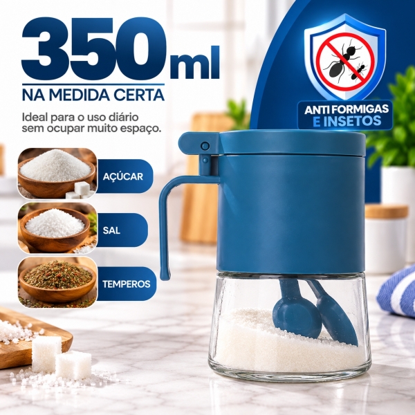 Açucareiro de Vidro 350ml com Tampa Vedada e Colher Azul e Cinza - Azul escuro