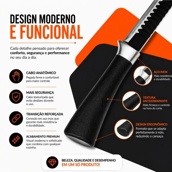 Kit Faca Serrilhada 24cm Inox Profissional Com Afiador 3 Estagios