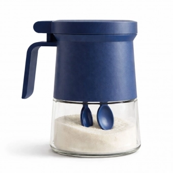 Açucareiro de Vidro 350ml com Tampa Vedada e Colher Azul e Cinza