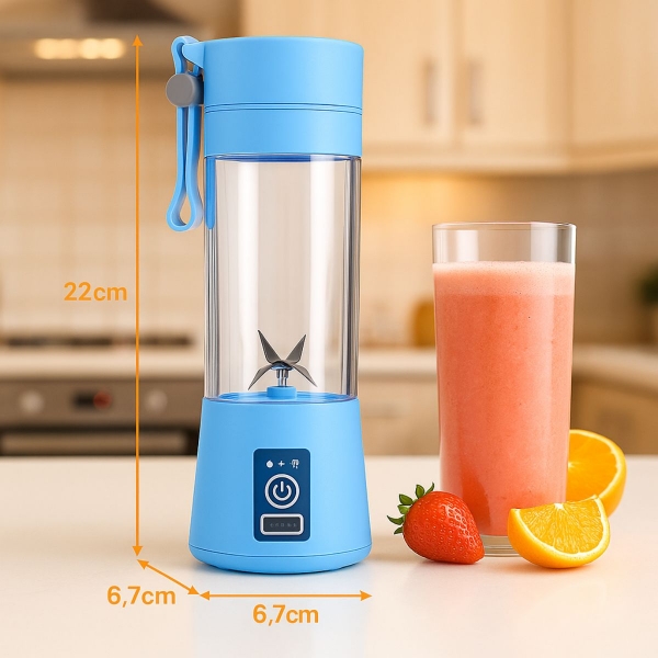 Mini Liquidificador Portátil Recarregável 380ML 6 Laminas - Azul