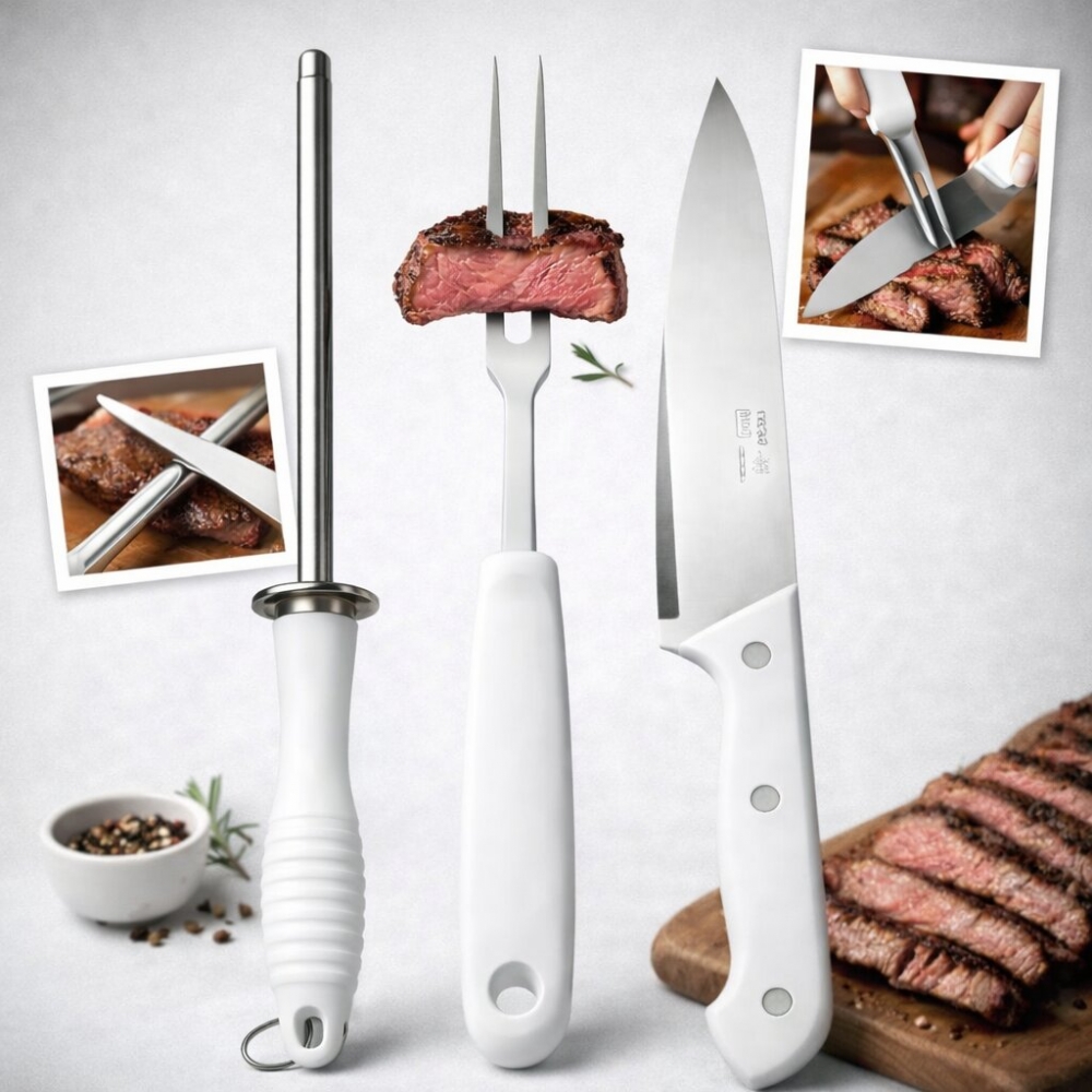 Kit Churrasco Profissional 3 Peças Faca Garfo Chaira Aço Inox