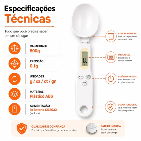 Colher Medida Balança Digital Eletrônica Cozinha Até 500g - Branca