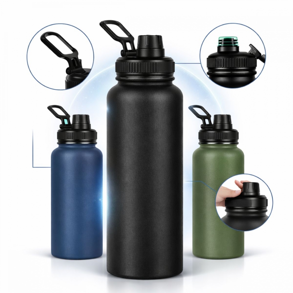 Garrafa Térmica Inox 1200ml Parede Dupla Isolamento a Vácuo Antivazamento com Alça 180° - Preta