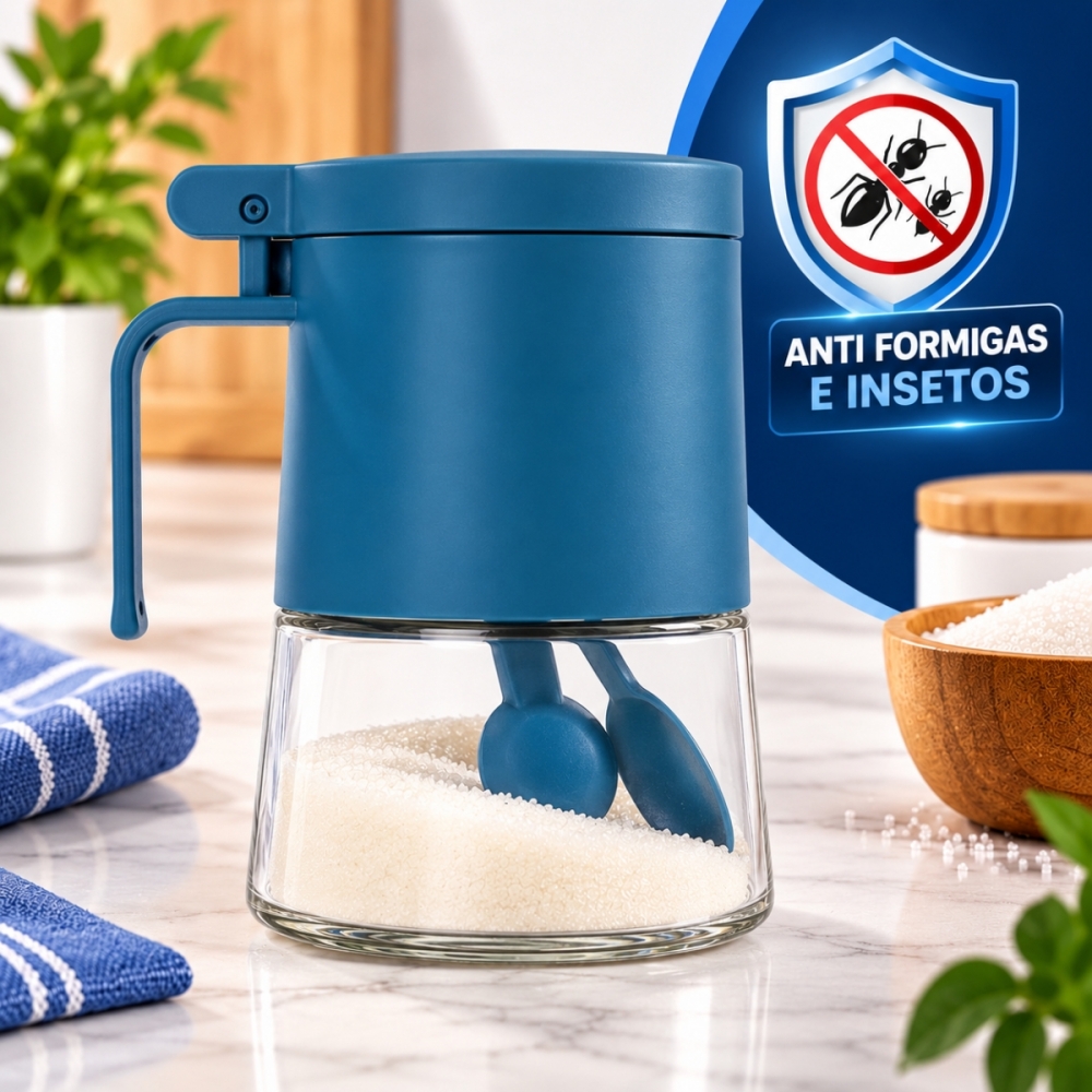 Açucareiro de Vidro 350ml com Tampa Vedada e Colher Azul e Cinza - Azul escuro