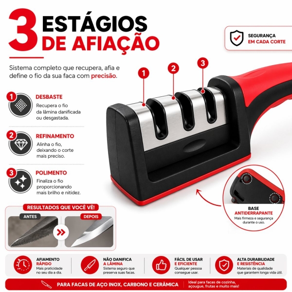 Afiador amolador facas e laminas 3 em 1 profissional