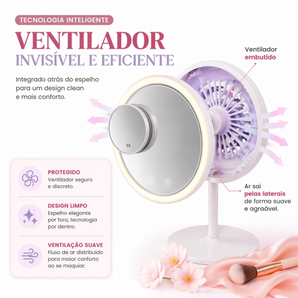 Espelho Maquiagem LED Com Ventilador 5x Aumento Touch Recarregável