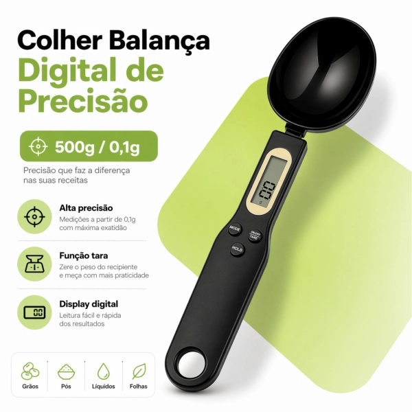 Colher Medida Balança Digital Eletrônica Cozinha Até 500g - Preta