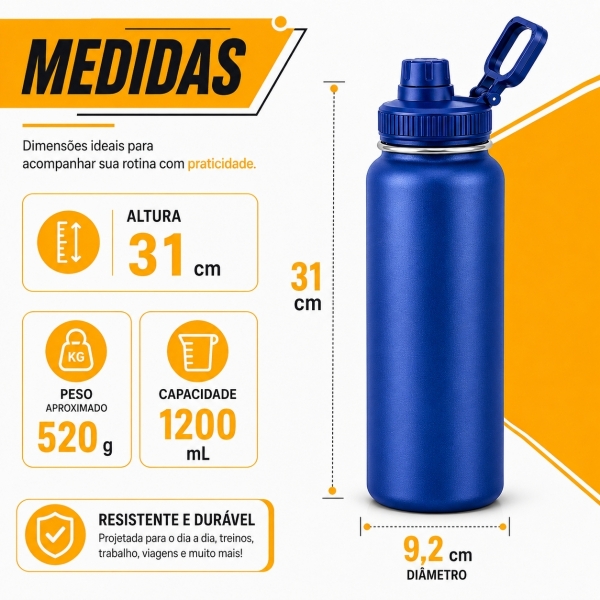 Garrafa Térmica Inox 1200ml Parede Dupla Isolamento a Vácuo Antivazamento com Alça 180° - Azul
