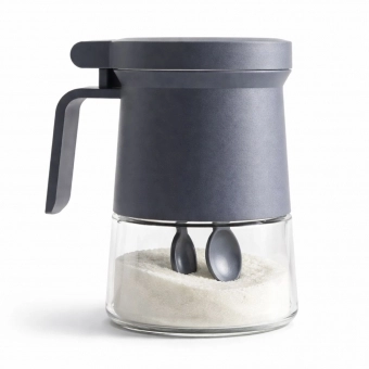 Açucareiro de Vidro 350ml com Tampa Vedada e Colher Azul e Cinza